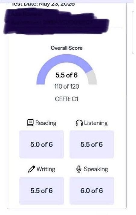 TOEFL score report, 110 of 120, tested May 2026