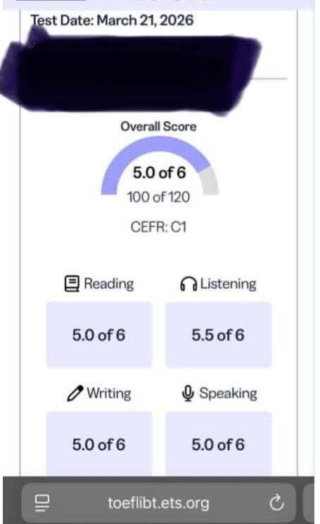 TOEFL score report, 100 of 120, tested March 2026