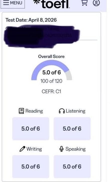 TOEFL score report, 100 of 120, tested April 2026
