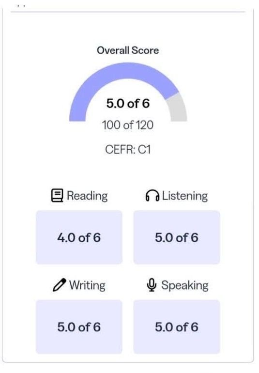 TOEFL score report, 100 of 120
