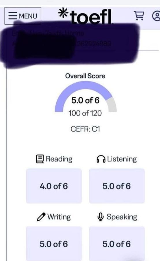 TOEFL score report, 100 of 120