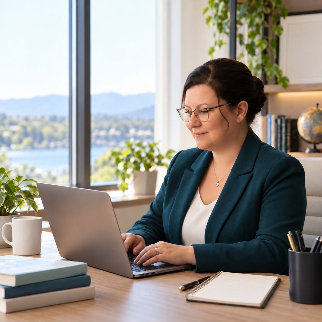 Sherlen Tanner reviewing TOEFL student progress at her desk