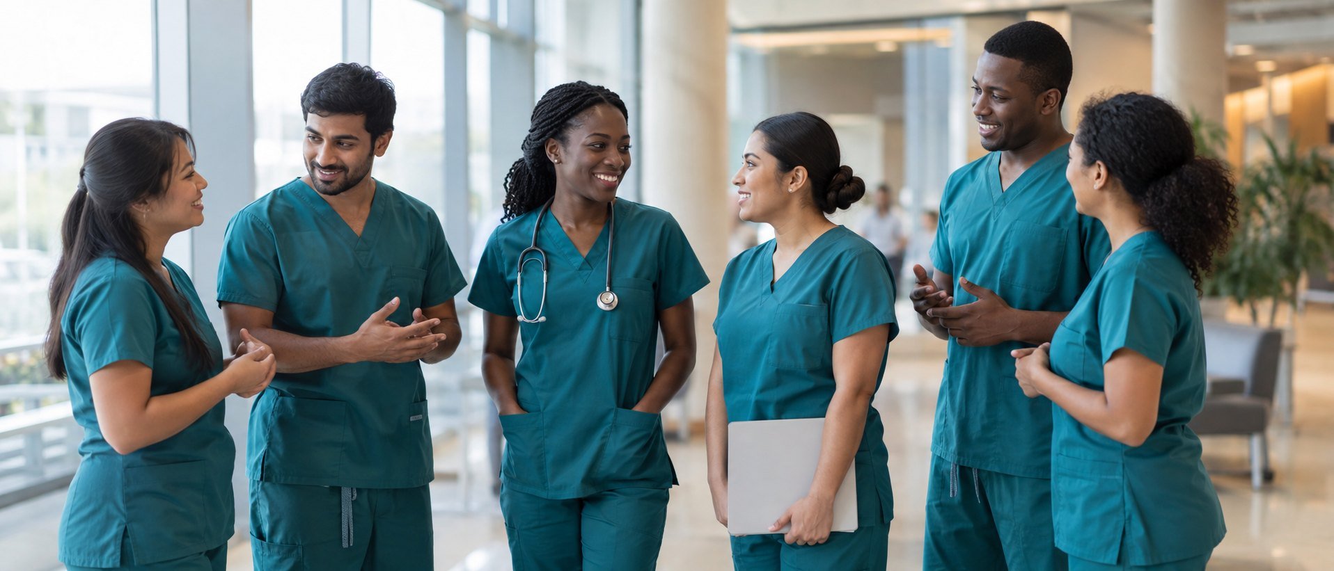 Six nurses in teal scrubs standing together in a bright hospital lobby, talking in small groups.