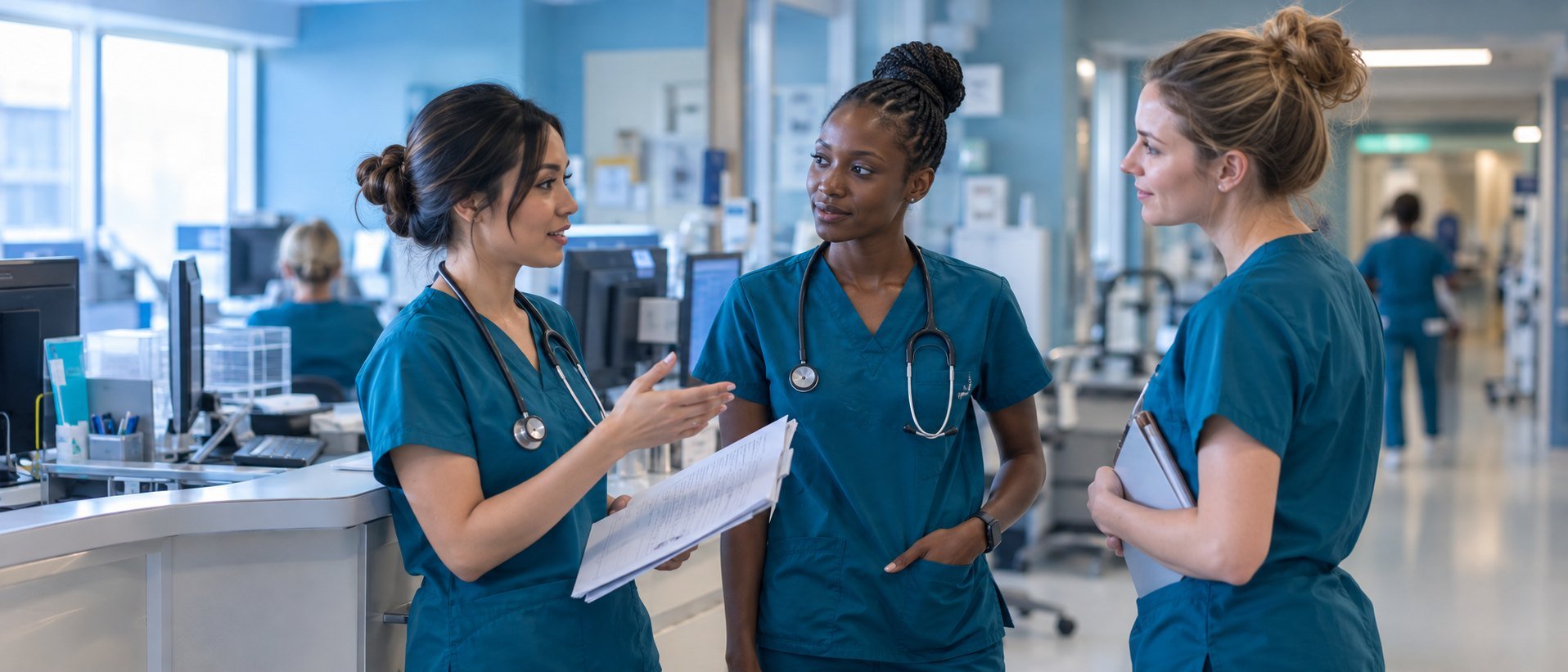 Three nurses in teal scrubs talking at a nurses' station during shift change, one holding a chart and explaining while the other two listen.