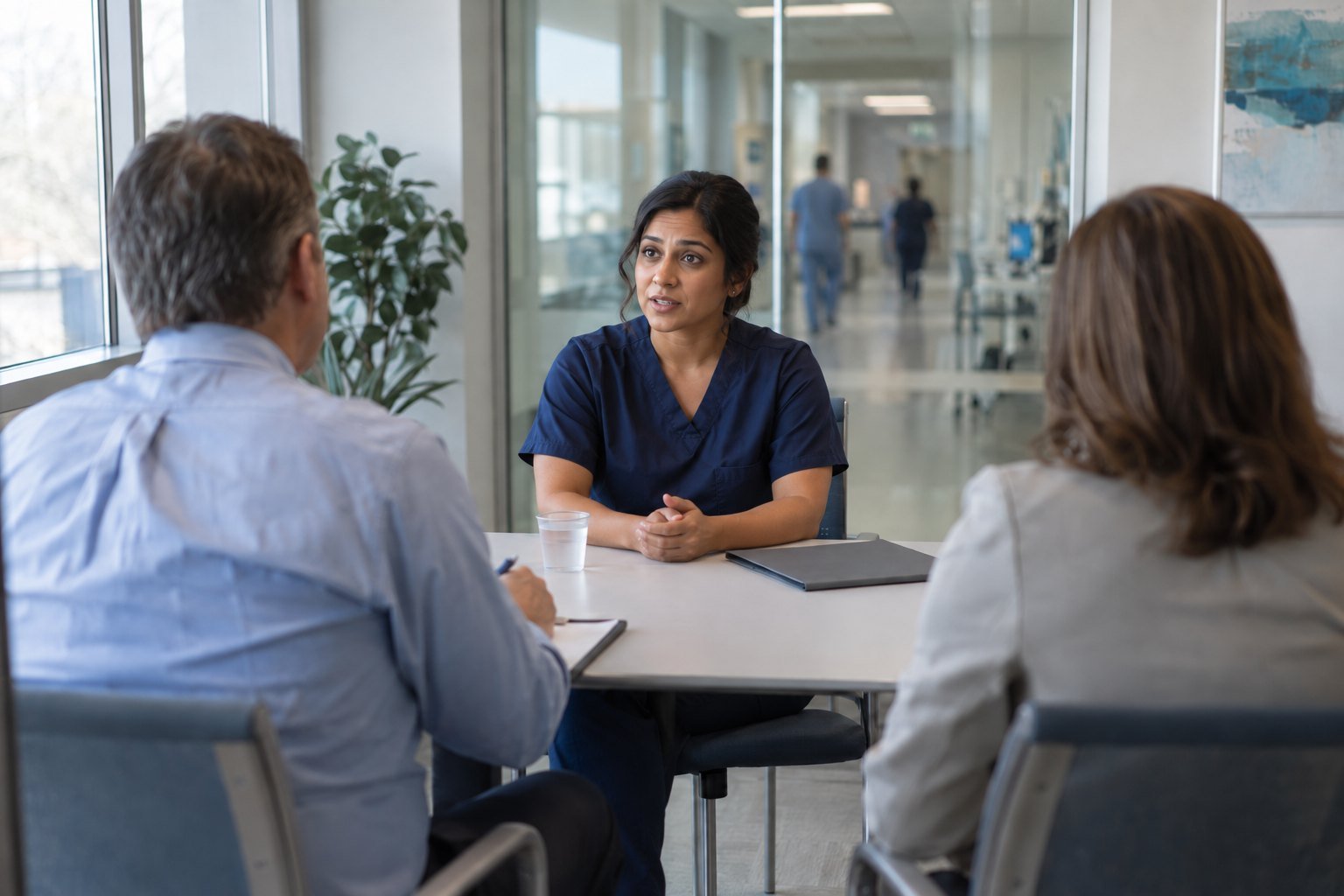 A nurse in navy scrubs answering a question across a table from two interviewers, with a hospital corridor visible through the glass behind her.