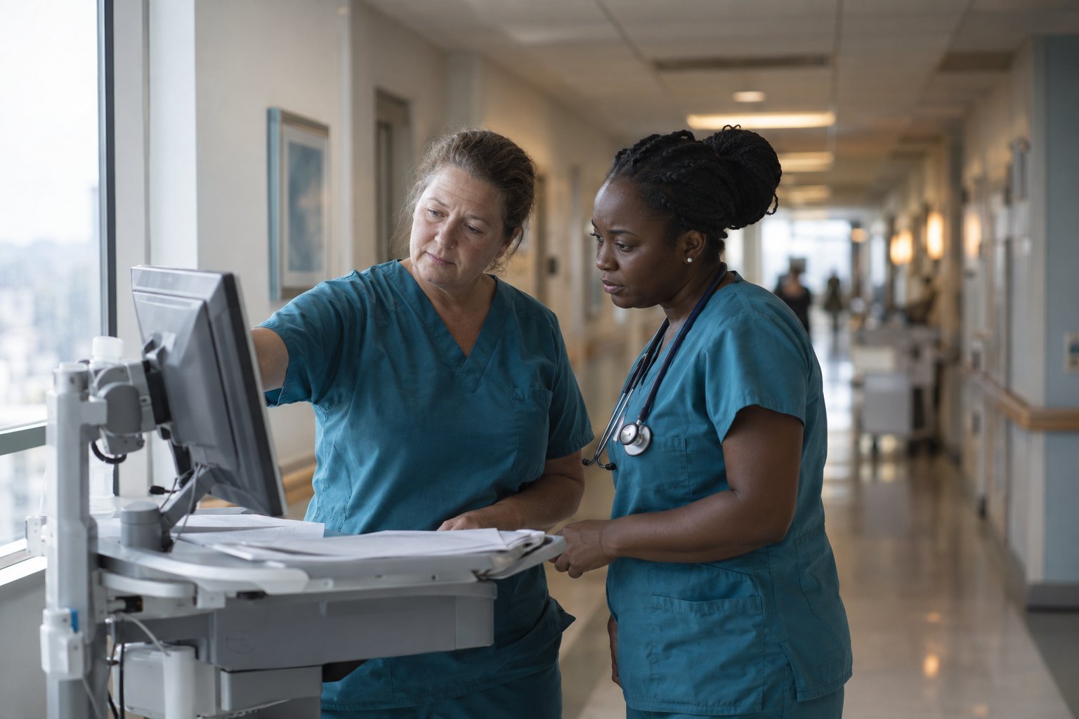 An experienced nurse pointing at the screen of a workstation on wheels in a hospital corridor while a younger nurse beside her listens.