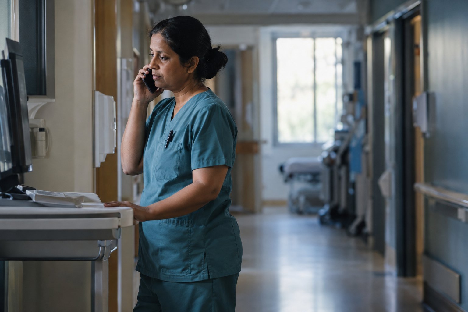 A nurse standing at a wall workstation in a quiet ward corridor, phone to her ear, listening intently.