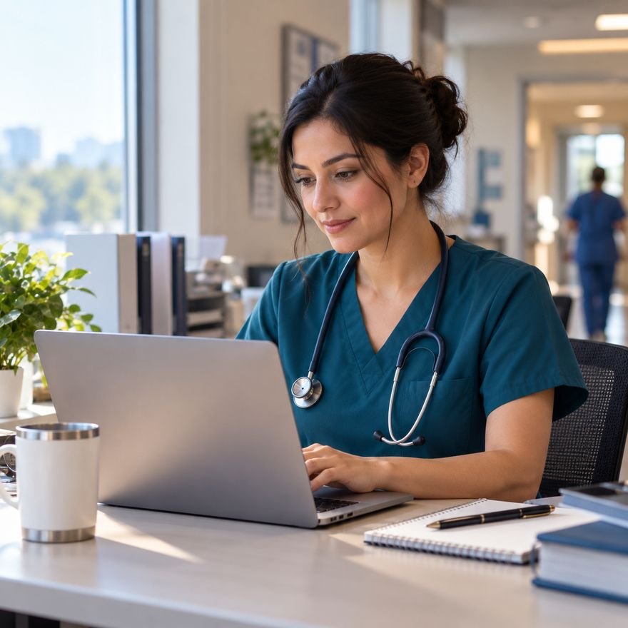A nurse in teal scrubs with a stethoscope, working at a laptop in a bright clinic office.