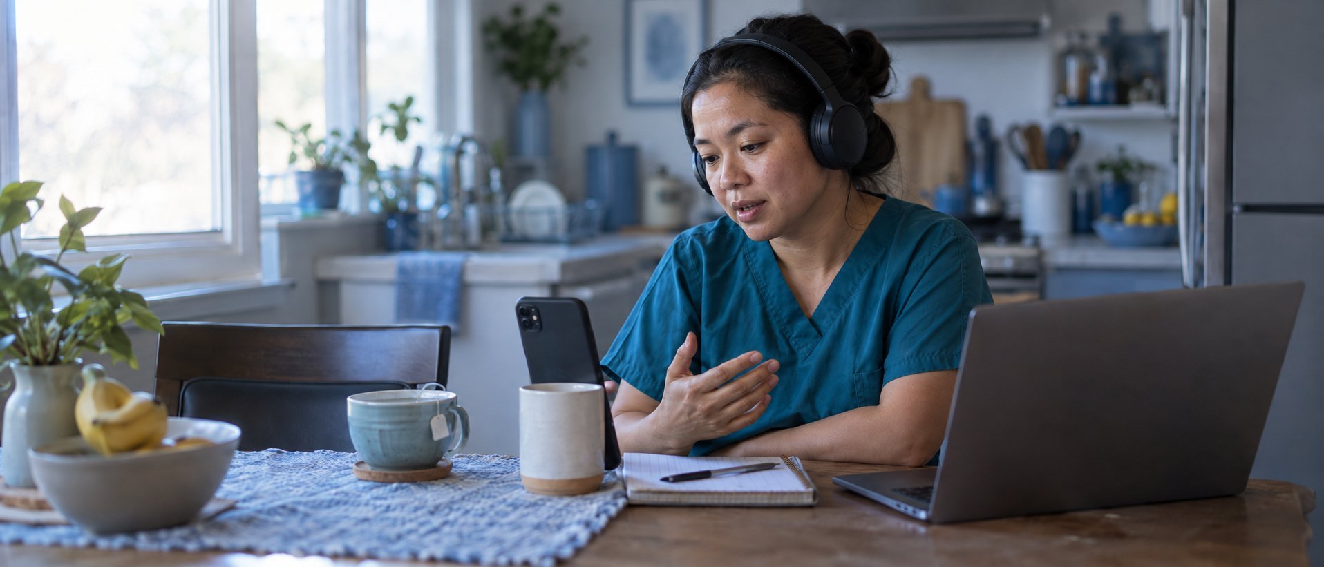 A nurse at her kitchen table early in the morning, still in scrubs, wearing headphones and speaking into a phone propped beside a notebook and a laptop.