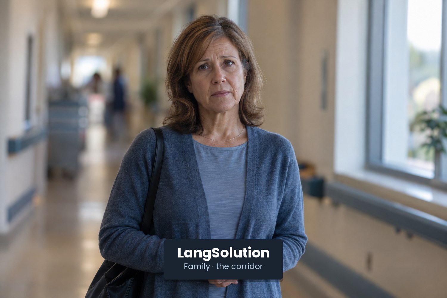 A woman visiting a relative, standing in a hospital corridor with a worried expression.