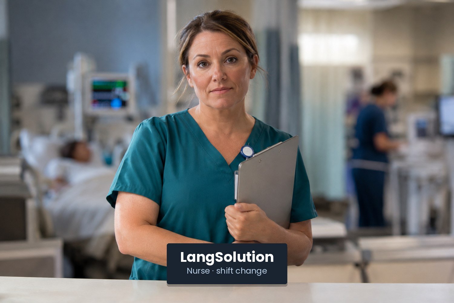 A nurse in teal scrubs holding a clipboard at a nurses' station, looking directly at the camera.