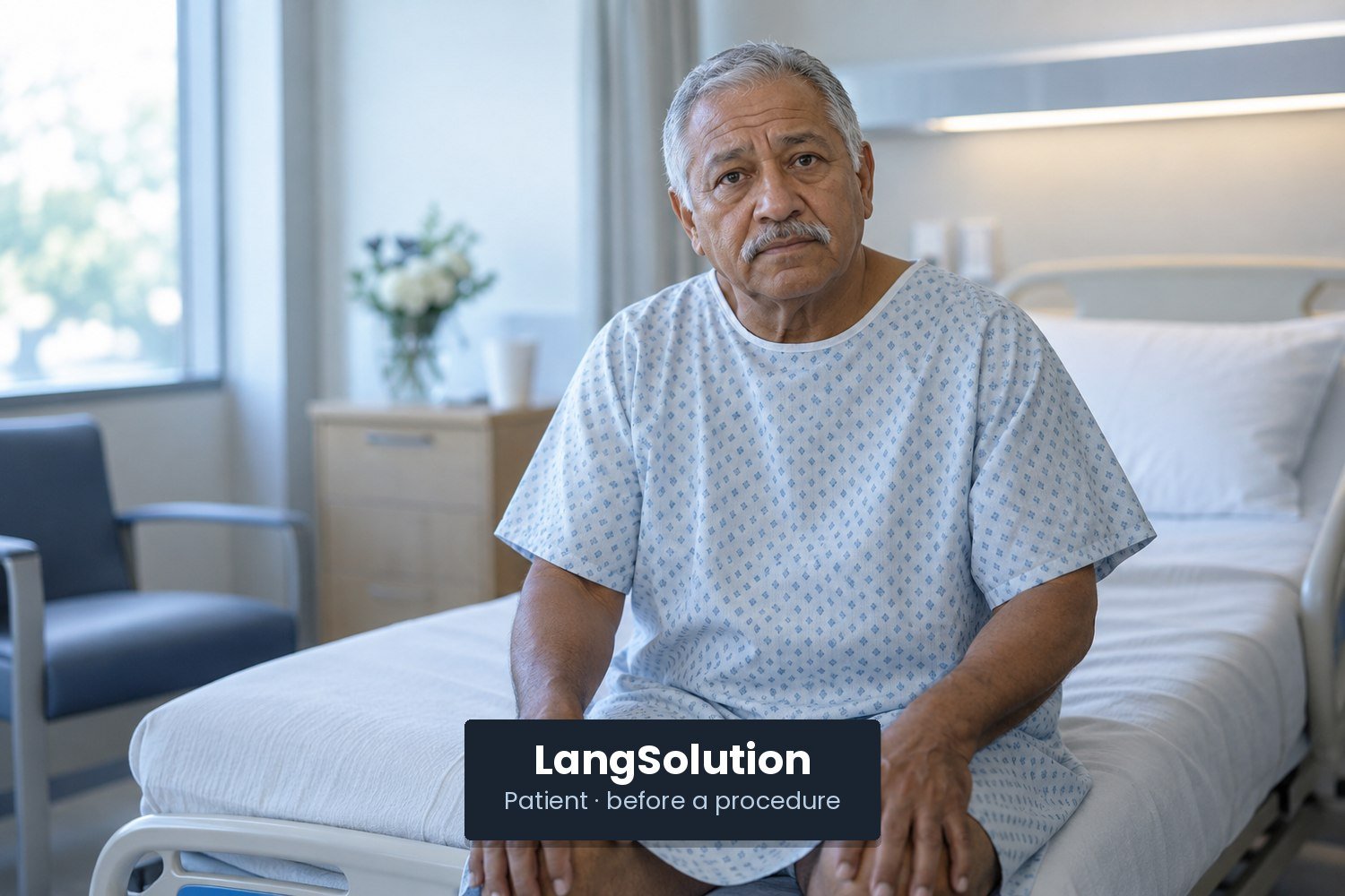 A patient in a hospital gown sitting on the edge of a bed, looking directly at the camera.