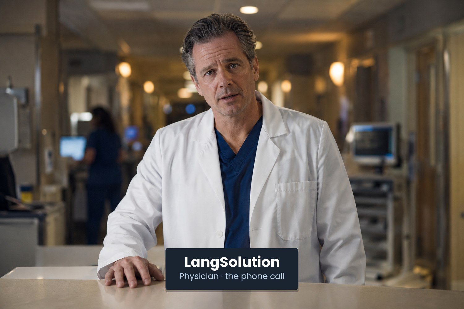A physician in a white coat at a hospital workstation, looking directly at the camera.