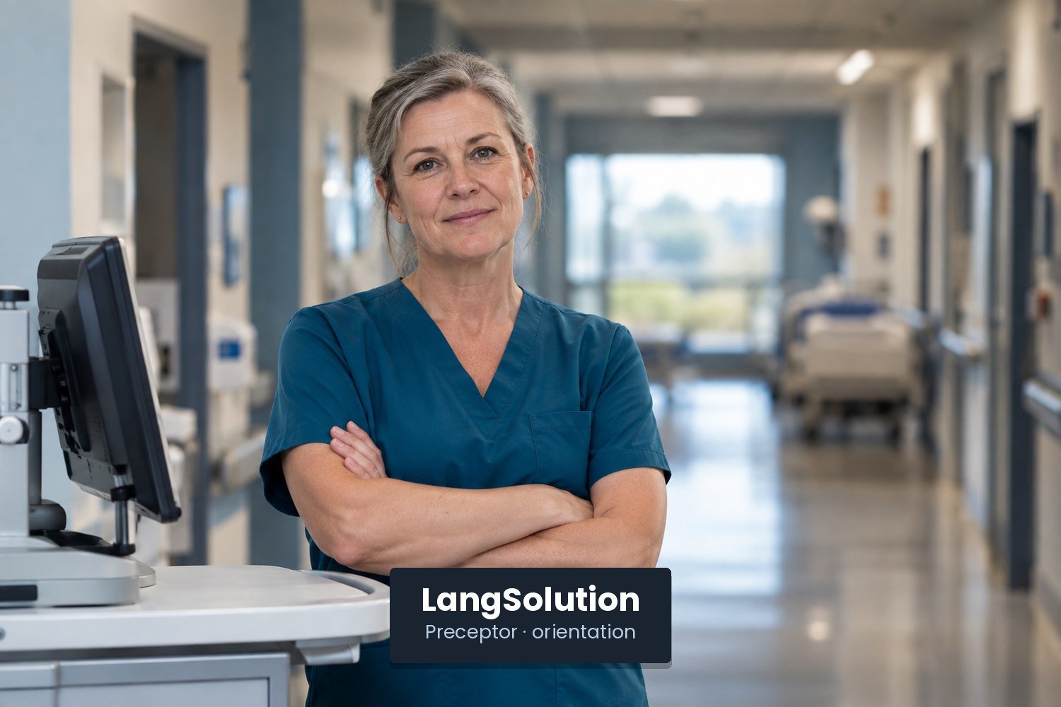 An experienced nurse standing beside a computer workstation with her arms folded.