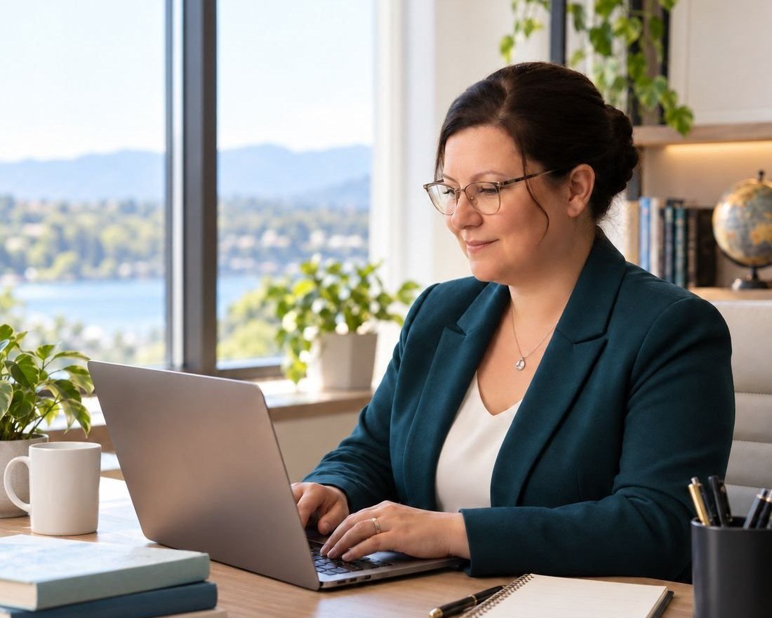 Sherlen Tanner working at a laptop by a window.