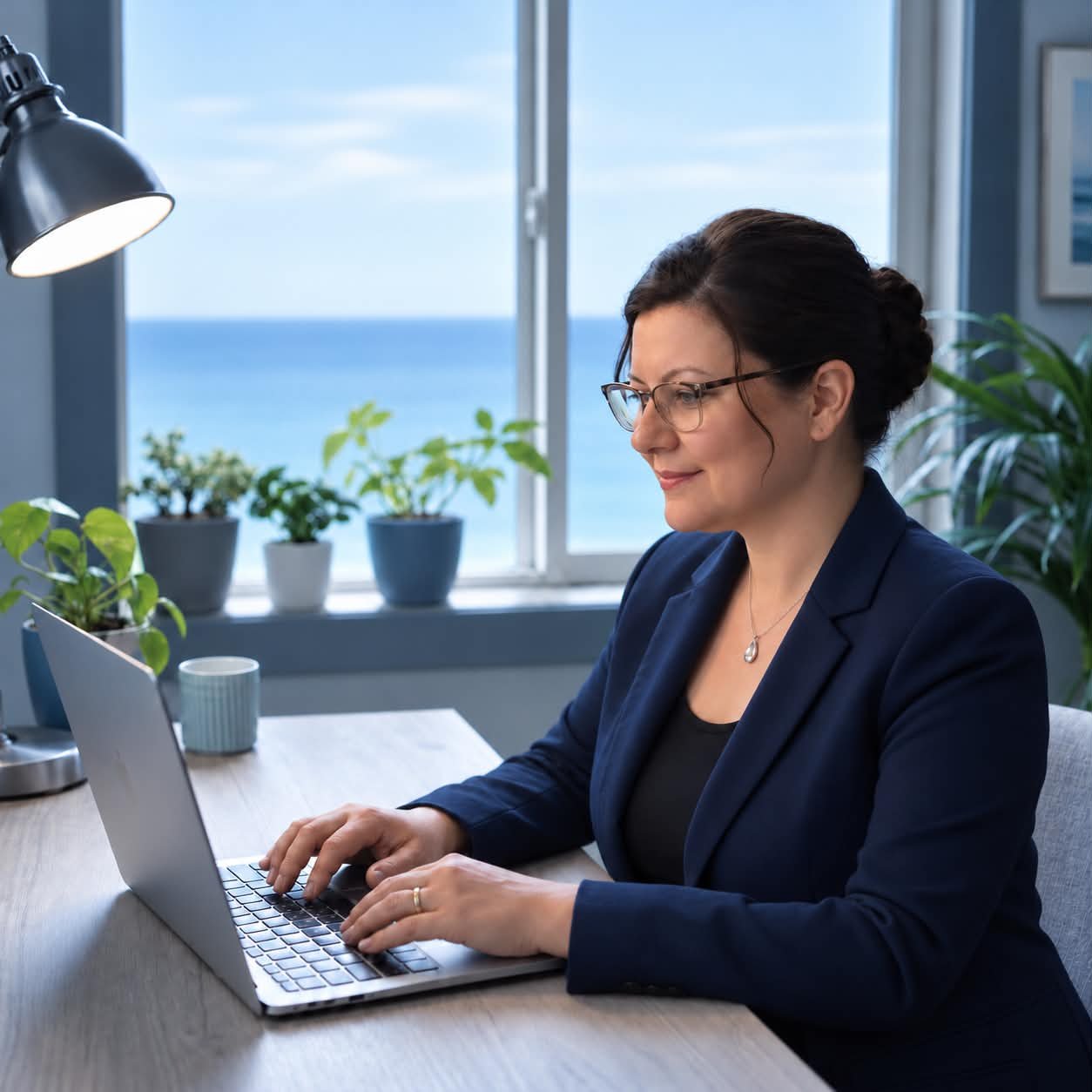Sherlen Tanner working at her laptop by an ocean-view window