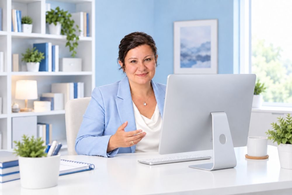 Sherlen Tanner at her desk, ready to help pharmacists with OET Writing