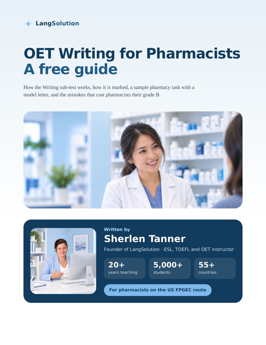 Cover of the free guide: OET Writing for Pharmacists, a free guide by Sherlen Tanner