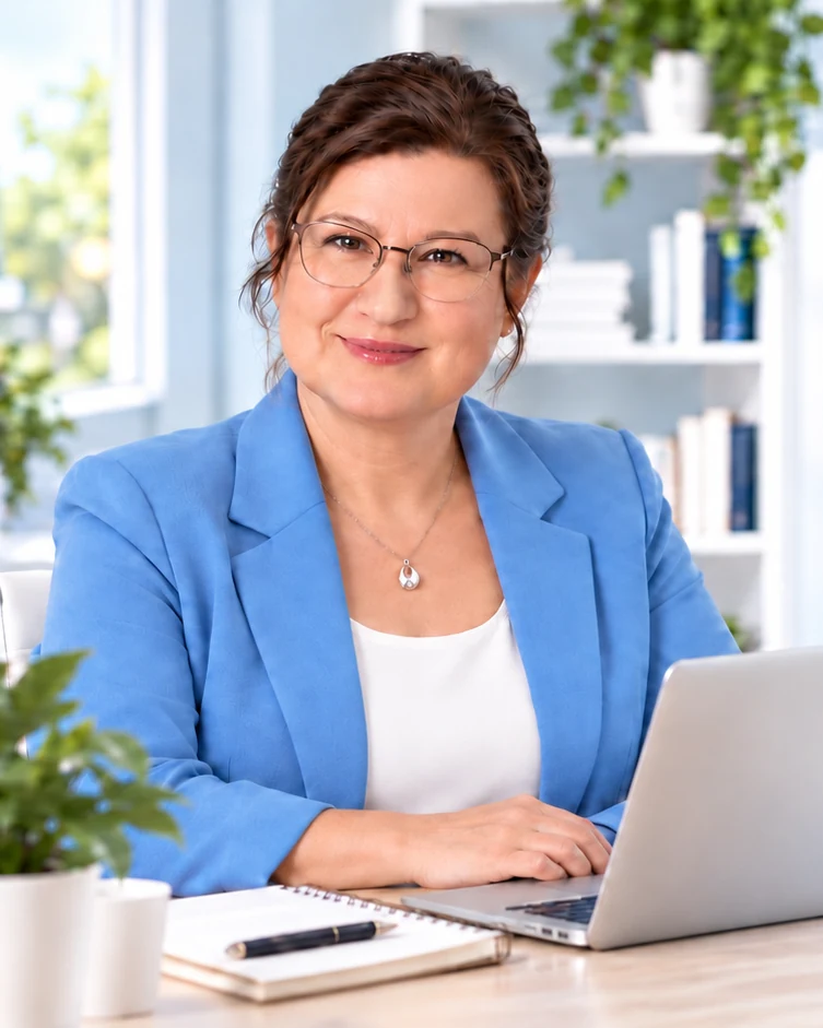 Sherlen Tanner smiling at her desk with her laptop