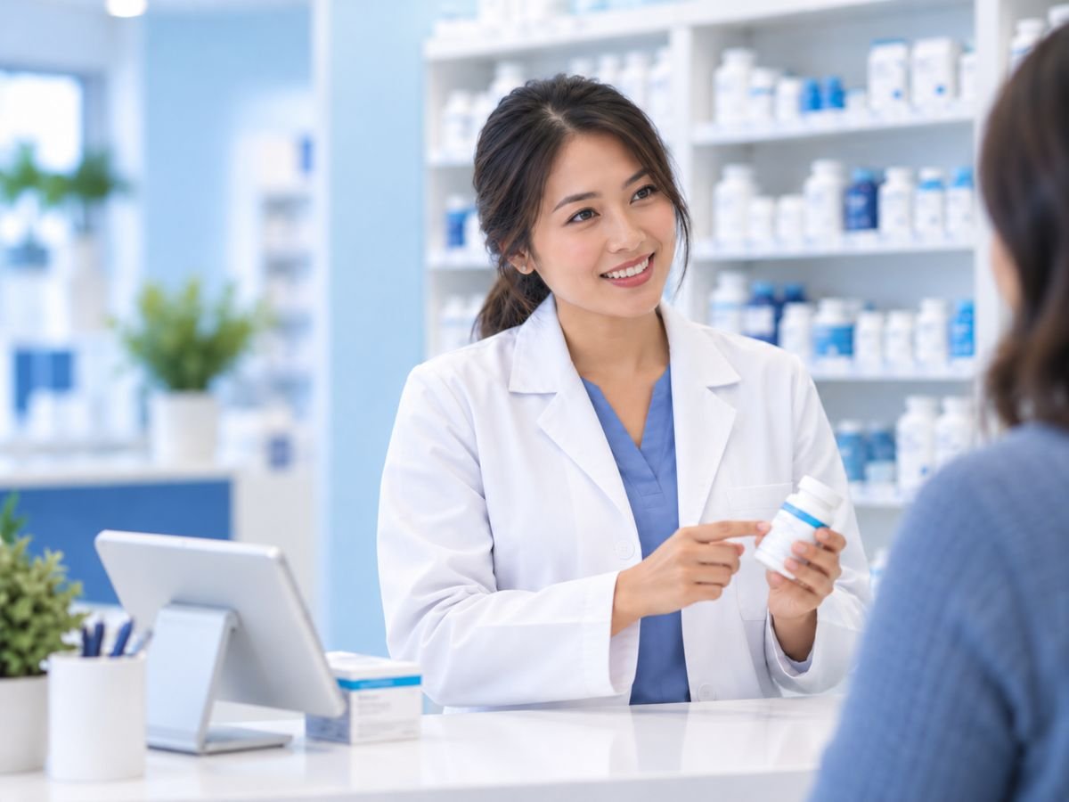 A smiling pharmacist at the counter, explaining a medicine bottle to a patient